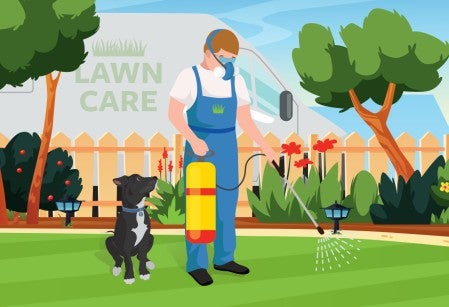 Illustration of a lawn care professional spraying chemicals onto a lawn while a dog sits looking up at him.