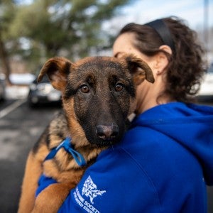 HSUS employee holding a puppy mill rescue dog