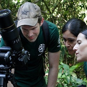Three people look into the viewfinder of a camera in a tropical rainforest