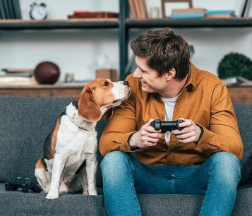 Man and dog sitting on the couch playing video games
