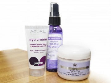 Acure eye cream, Dr. Bronner's sanitizer and Prai face cream cruelty-free products