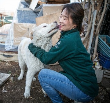 Dog rescued from dog meat farm kisses Nara Kim