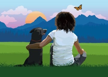 Illustration of a woman sitting in a beautiful meadow with a dog.