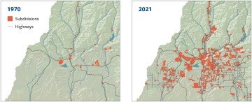 Two maps showing the increase in subdivisions and highways built in Durango from 1970 to 2021