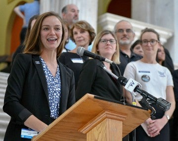 Stephanie Harris, HSUS speaks during lobbying day at the Statehouse in Providence Rhode Island