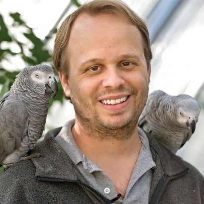 Charles Bergman with two parrots on his shoulders. 