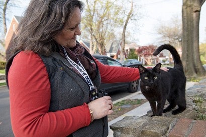 Danielle Bays petting a black cat on a neighborhood stoop.