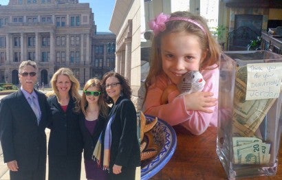 Right: Photo of Anna Clark outside the Capitol. Right: Anna Clark's daughter Jordan raising money.