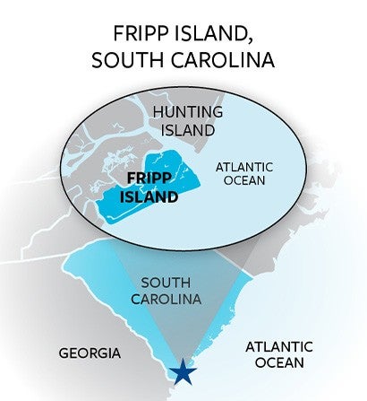 A map showing where Fripp Island is located, in the southern tip of South Carolina