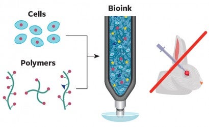 Illustration showing the components of bioink: dot-like cells and strand-like polymers.