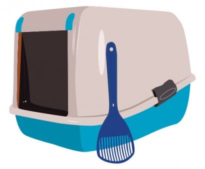 Illustration of a litter box and scooper.