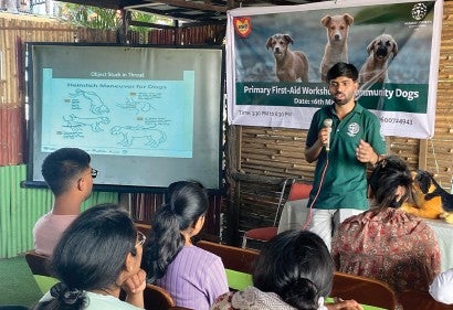 A workshop in session showing how to provide first aid to street dogs. 