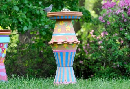 DIY painted bird baths made from clay pots