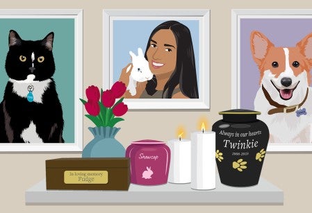 Illustration of pet photos on the wall, a floating shelf with pet urns, flowers, and candles.