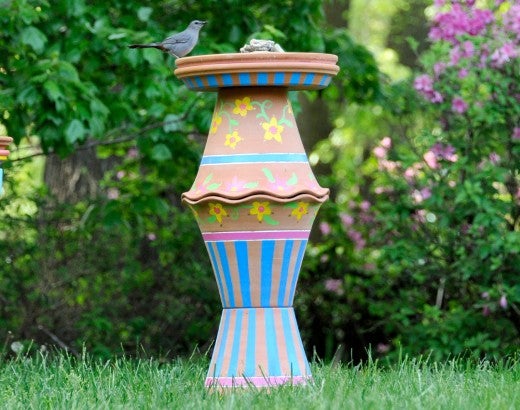DIY painted bird baths made from clay pots