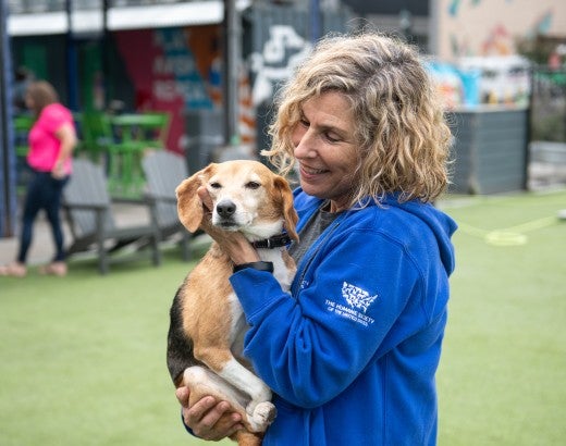 Woman holding and petting a beagle