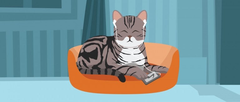 Illustration of a cat relaxing and listening to music with his headphones