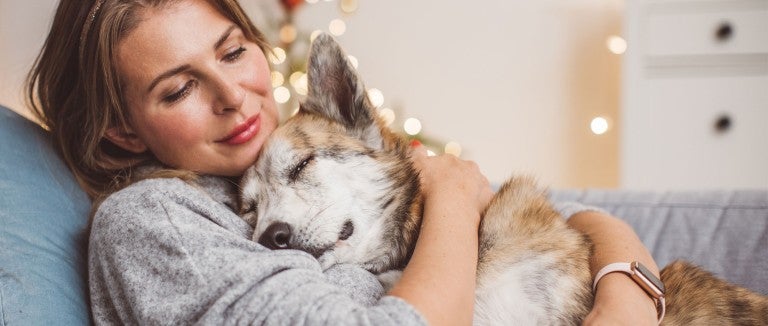 Woman and her dog cuddling on the couch with holiday lights behind them