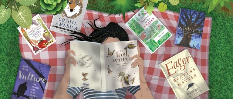 Illustrtion of a woman lying on a blanket in the grass reading books.