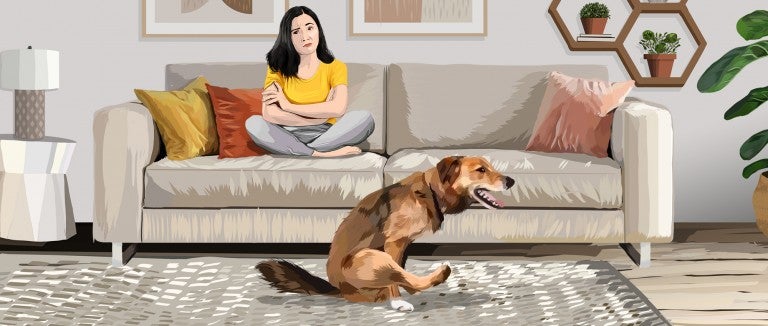 Illustration of a woman on a couch watching her dog scratch his butt on the rug.