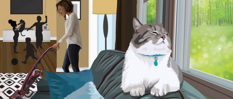 Illustration of a busy family home with a relaxed cat in the foreground