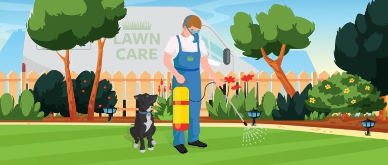 Illustration of a lawn care professional spraying chemicals onto a lawn while a dog sits looking up at him.